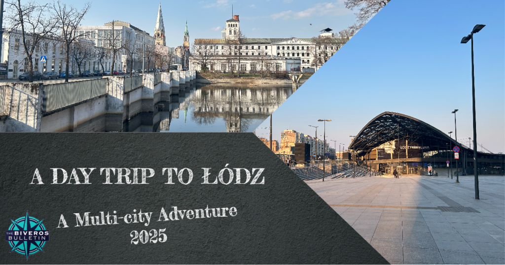 Łódź cityscape with historic buildings reflected in the river, showcasing Poland’s vibrant architecture and cultural heritage during a day trip from Warsaw, perfect for travel and tourism content.